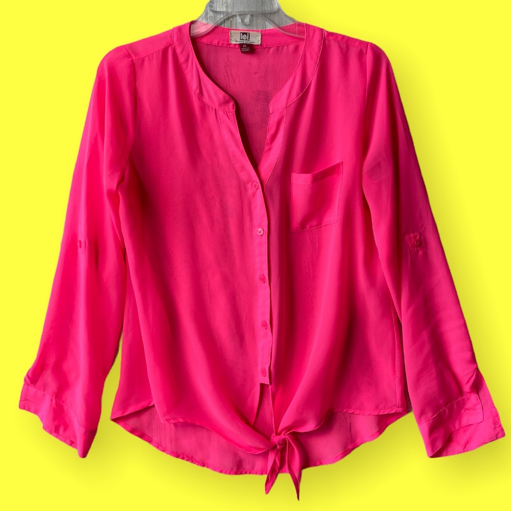 LEI top M sheer hot neon pink long sleeve button up with waist ties pockets